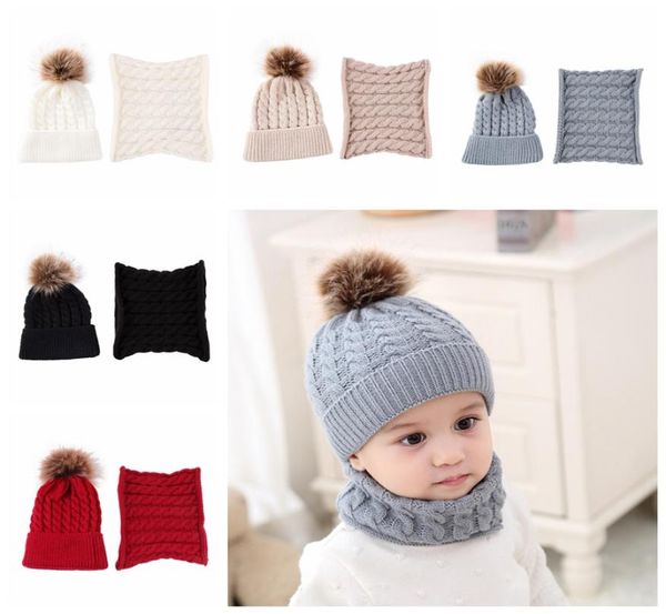 2 adet bebek Beanies Cap Set Set Bebek Çocuk Düz Renk Peluş Top Bebek Kız Kız Şapkası ve Eşarp Seti Kış Sıcak Kapakları Erkekler için Yenidoğan Hat9020044