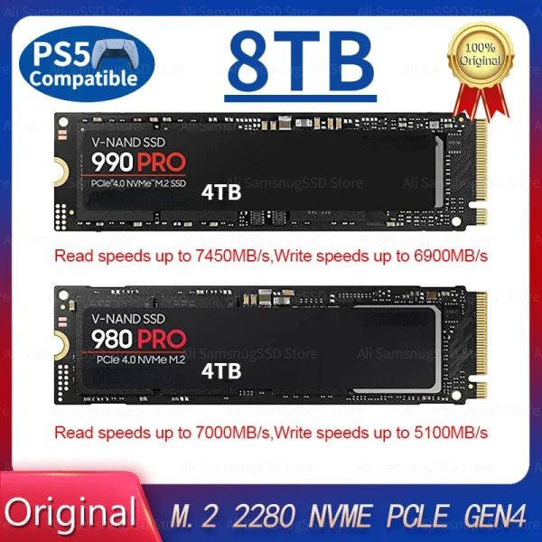 Caixas 2024 Original 980 990 Pro SSD NVME PCIE 4.0 1TB 2TB GAMING M2 Estado sólido interno Drive rígido MemoryCard Controle térmico para ps5