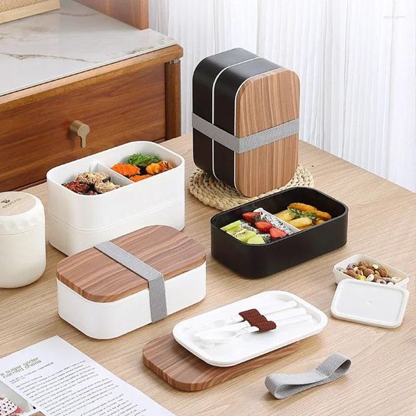 Geschirr japanischer Stil Holzmaser Kunststoff Bento Box Doppelschicht versiegelte mikrowellenbeschäftigte Mittagessen Erwachsene Studentenbüro Outdoor Outdoor