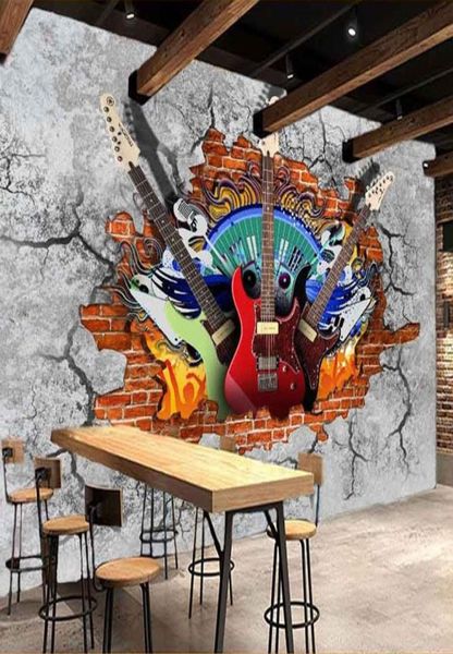 Wallpaper 3D personalizzato Wallpaper Guitar Rock Graffiti Art Break Brick Wall KTV Bar Tooling Decorazione per casa Decorazione Muratura Murale Fresco1201586