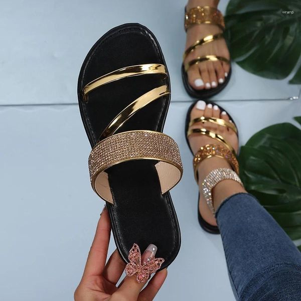 Slippers Fashion Fashion Gold Patente Patente Patente Sandálias Bling Bling Strass Banda estreita Baia Casual Mulheres