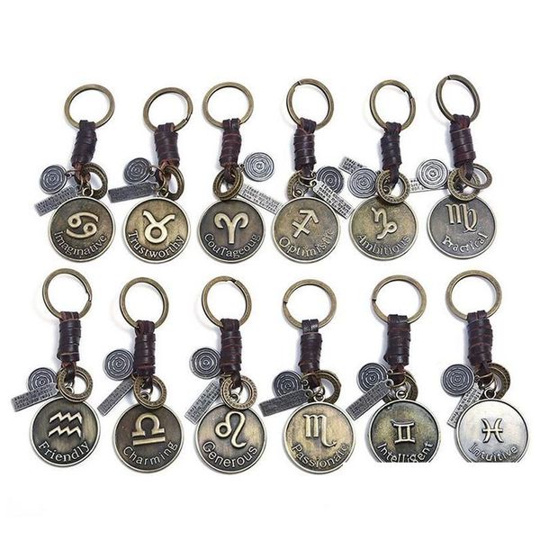 Schlüsselanhänger Lanyards 12 Konstellation Schlüsselbund Cowe Zodiac Retro gewebte Schlüsselkette Bronze Keyring für Geburtstagsgeschenk Großhandel Drop deli dhljjjj