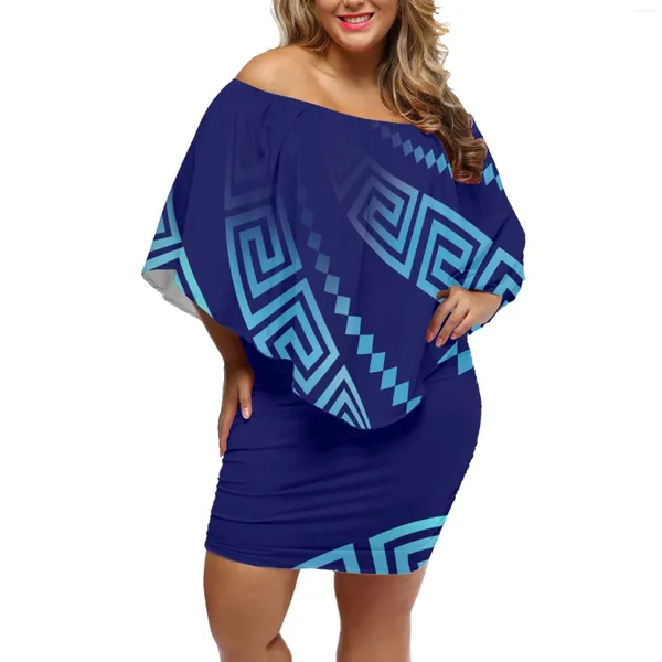 Lässige Kleider Sommer Lady Diagonale Schulter Cape Frilly Mode Rock Polynesischer Stammesstil -Ablauf Retro -Print Sexy Hüfte bequem