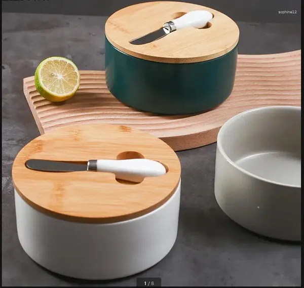 Garrafas de armazenamento Caixa de manteiga de cerâmica de grande capacidade com tampa de bambu e faca no estilo nórdico de cozinha em casa queijo alimento de comida organizadora