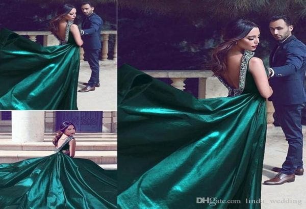 2019 Mhamad sagte arabisch Dubai Abendkleid eine Linie Deep V Cut Rückenless Satin Long Formal Wear Party Kleid Custom Made Plus Size6052810