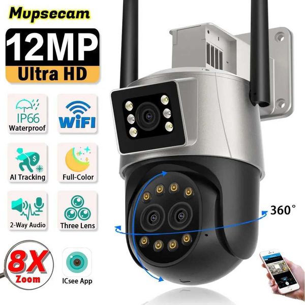 Câmeras IP 12mp 8x Zoom PTZ Câmera Wi -Fi Três Lens Tela Dual Color Night Vision Outdoor Segurança IP Câmera IP Câmera de vigilância CCTV ICSEE 240413