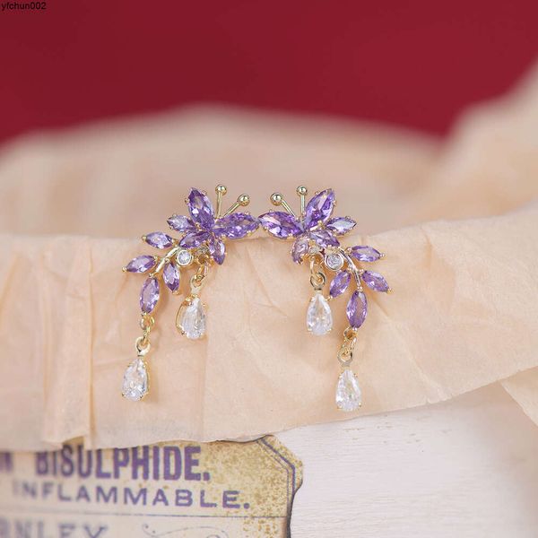 R623 Designers French Light Luxury Purple Zircon Butterfly Droplet Tassel Shape Brincos requintados {categoria}