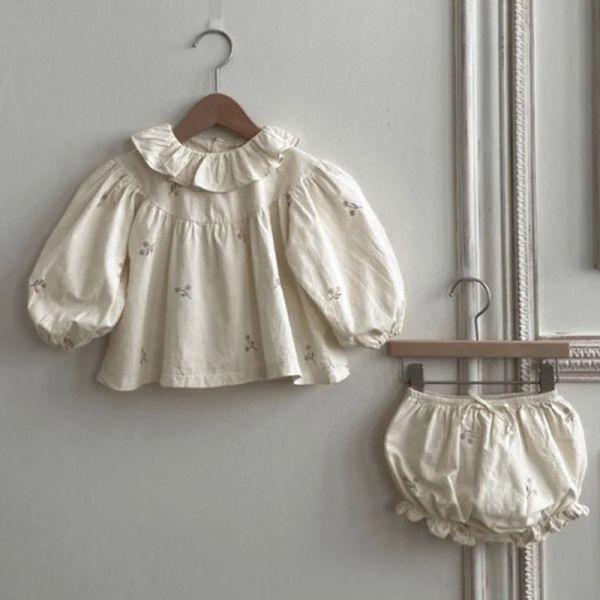 Şort Yaz Sonbahar Yenidoğan Bebek Kız Giyim Seti Uzun Kollu Pamuk İşlemeli Gömlek+PP Şüpheli Toddler Bebek Kız Giysileri Takım
