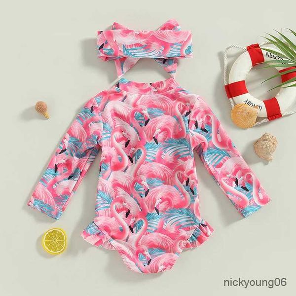 Studio unico femminile Flamingo/Flower Stampa costumi da bagno con cerniera a maniche lunghe abbigliamento da bagno con copricapo con copricapo