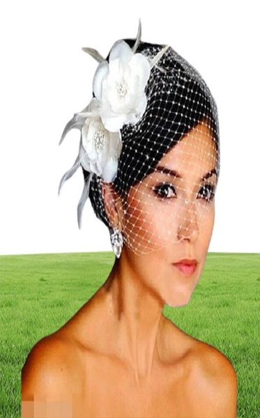 Veli per uccelli fiori bianchi fiori piuma velo velo da sposa pezzi di capelli da sposa accessori da sposa cappello velo hat ht1329644657