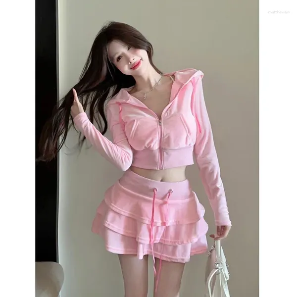 Abiti da lavoro Sweet Girl Velvet Suit Women's Autumn/Winter Pink Zipper con cappuccio con cappuccio a maniche lunghe con gonna a vita alta set a due pezzi set a due pezzi