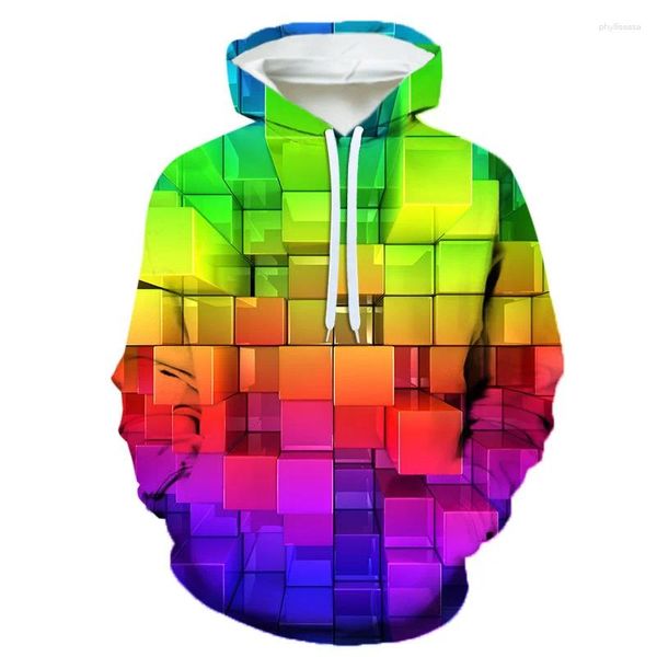 Con cappuccio maschile creativo creativo 3d a blocchi di blocco stampato con cappuccio unisex unisex astratto illuso colorato grafico per uomini felpe con cappuccio top abbigliamento