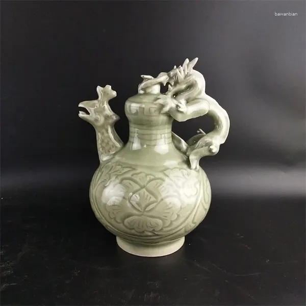 Vasen Song Yaozhou Kiln Celadon Carving Dragon Griff Phoenix Head Backflow Pot Antique Sammlung Ameise