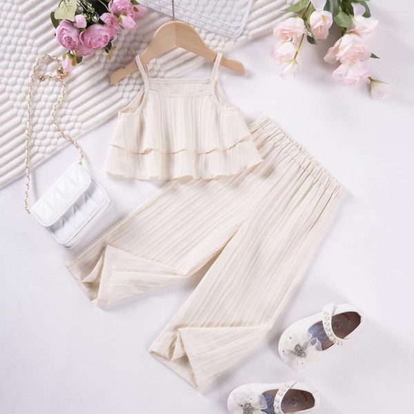 Set di abbigliamento ragazze per bambini Solid Sling Speles Shellers Summer Ruffles Wide-Leg Pants Vestre