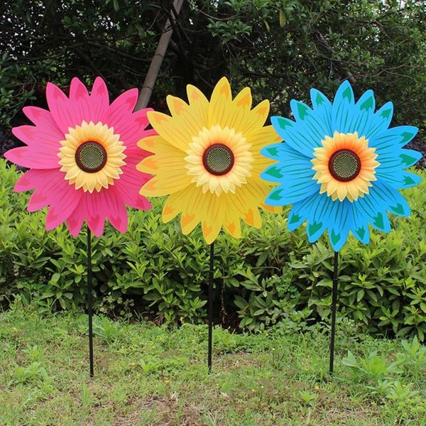 Gartendekorationen Sonnenblumenwindmühle rotierender Windspinner Pfahl stehend Rasenblume Pinwheel Outdoor Party Yard Decor Kinder Spielzeug Spielzeug