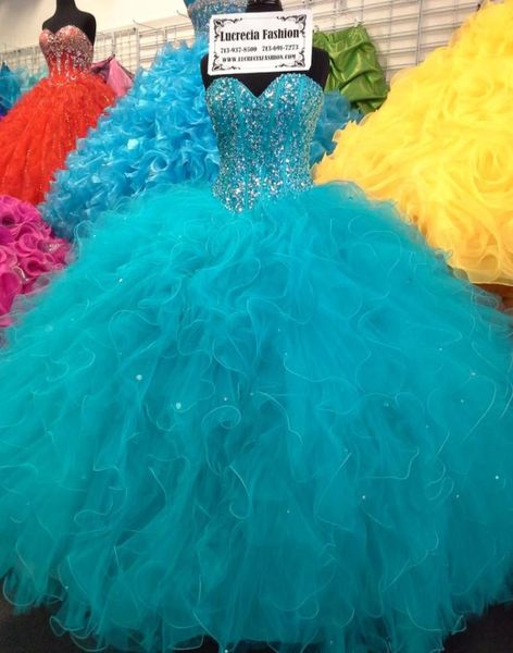 Abito blu abito da ballo Ragazza Quinceanera Abiti 2015 Crystal Perline Tulle Vestidos 15 anni Sedici ragazze Masquerade Ball Drees5237178