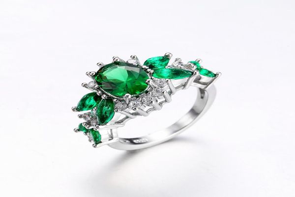 Прекрасный 925 Серебряный зеленый драгоценный камень симулировать бриллиантовое кольцо для девушки подарка на день рождения Красивое ювелирное обещание Love Размер 6789107242226