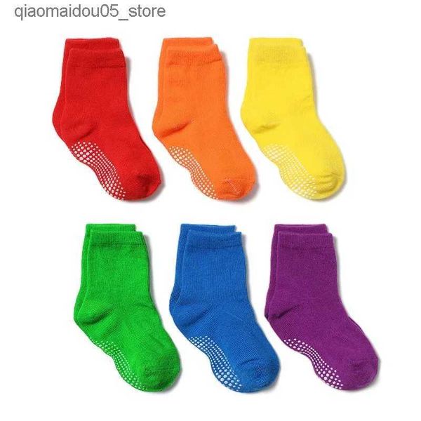 Çocuk SOCKS 6 Çift 0-7y Çocuk Çorapları Kızlar ve Erkekler İçin Kulplu% 100 Saf Pamuk Yenidoğan Bebek Çorapları Kaymaz Orta Tüp Zemin Çorapları Kaymaz Sevimli Katı Q240413