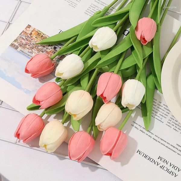 Flores decorativas Pink Branco Amarelo Tulipa Imitação Flor Real Touch Real Bouquet Artificial Decoração linda para casa 2024 FELIZ