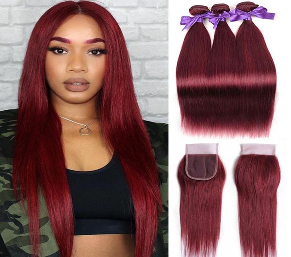 Cor de cabelo reta de qualidade 27 30 33 99J Bugre ombre pacote de cabelo humano com encerramento dos feixes de cabelo Virgn Brasil com fechamento Peruv639250