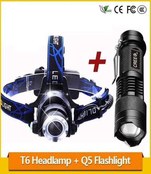 ZOOM 3800LM T6 LED LED FELIZE Recarregável 18650 Lâmpada da cabeça da bateria Q5 Mini LED lanterna zoomable tactical Torch1116070