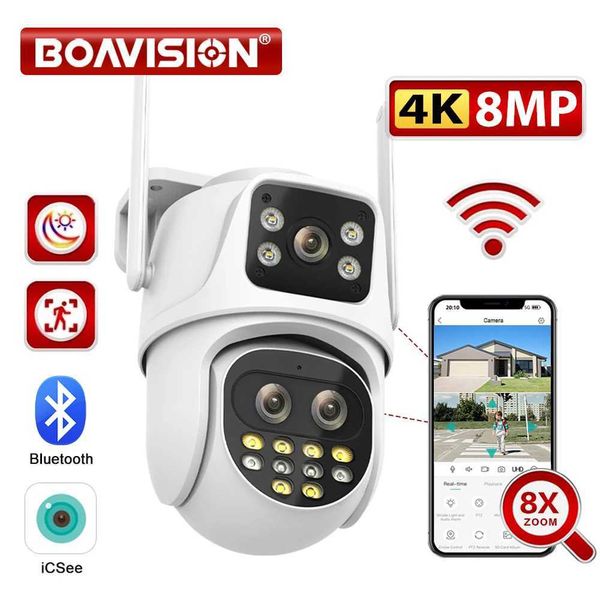 Câmeras IP de 8MP de tela dupla e câmera de vigilância Wi -Fi de lente dupla ai rastreamento automático de colorir notury Vision Bluetooth ao ar livre PTZ Câmera de segurança 24413