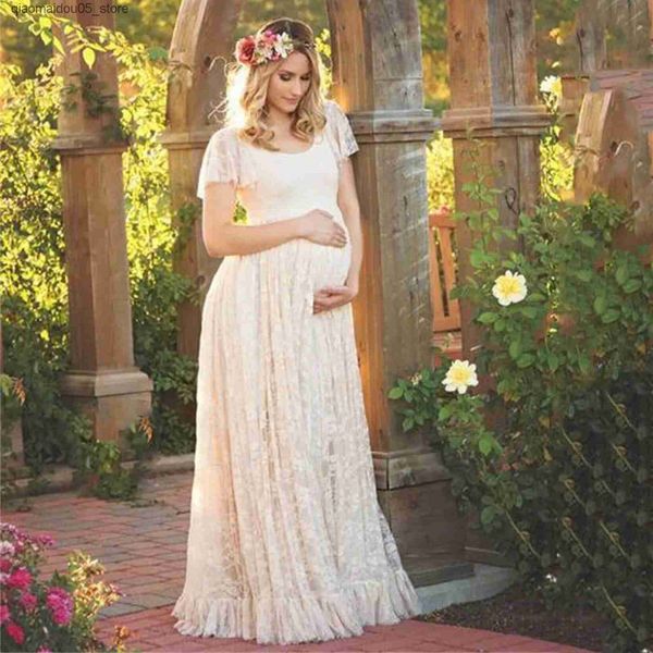 Vestidos de maternidade vestido de renda feminina grávida grávida plissada de manga curta longa fotografia elegante fotografia colorida sólida q240413
