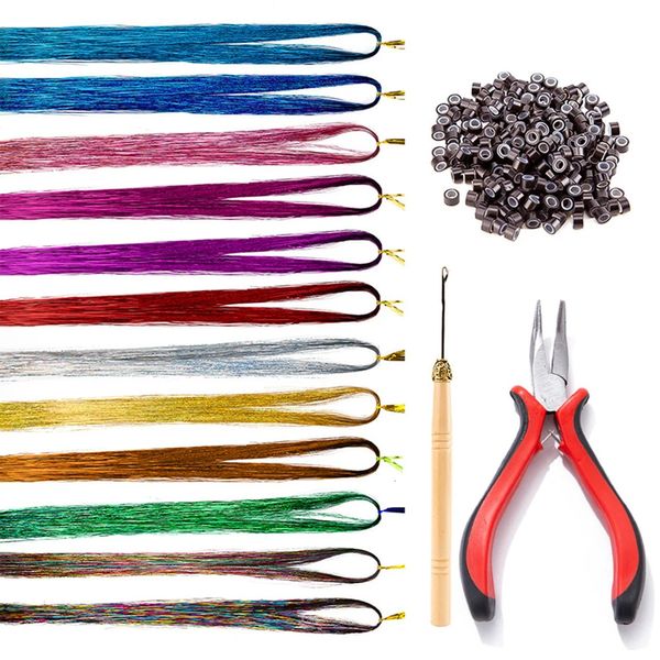 47 Zoll Tinsel Haarverlängerungen Kit mit Werkzeug 12 gemischte Farben 2400 Stränge Glitzer Glitzer glänzender Haare Brand für Frauen Mädchen 240408