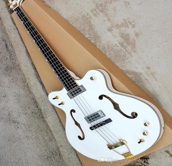 4String White Electric Bass Guitar com o corpo semihollow Body Body Busing Hardware Gold Service Custom8002462