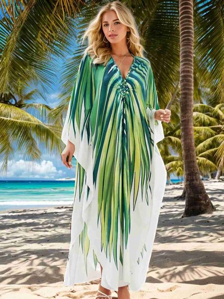 Vestidos casuais básicos 2024 Summer Boho Plant Leaf Kaftans para Women Women Beach Use vestido de vestido Sarongo de maiúsculo maxi vestidos maxi q1588 1 T240415