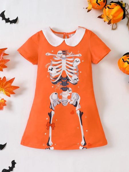 Vestidos de garotas vestido de roupa de garotas de verão com pescoço de pólo manga curta camiseta halloween temed impressão de design exclusivo