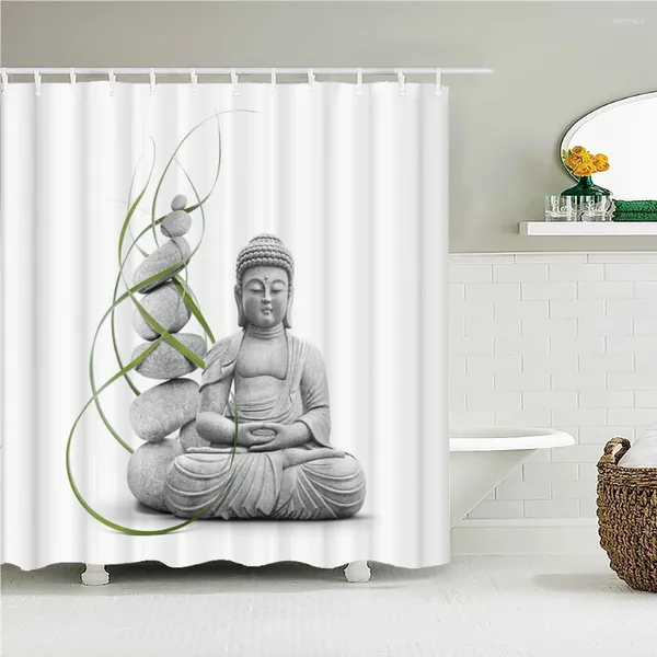 Cortinas de chuveiro Banheiro estátua de Buda Bamboo Telas de banheira Decoração de casa Polyester impermeabilizada com ganchos 240x180xm