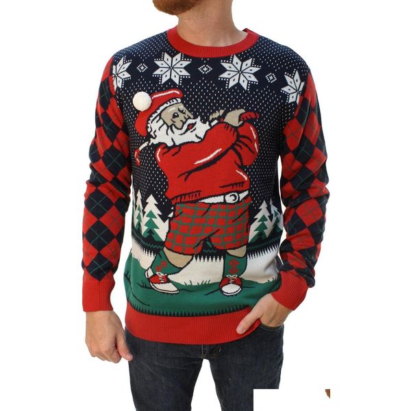 Мужские свитера The Ugly Sweater Co. Mens Sports Golf Golf Christmas for Holiday Fun Design Snug Fit, атакует экипаж.