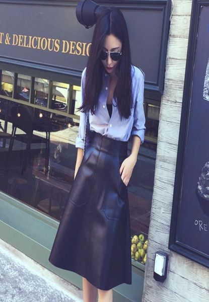 Yeni Tasarım Moda Kadınlar039S Yüksek Bel Cepleri Aline Diz Uzunluk PU Deri Şemsiye Etek Plus Boyut XSSMLXLXXL5704930