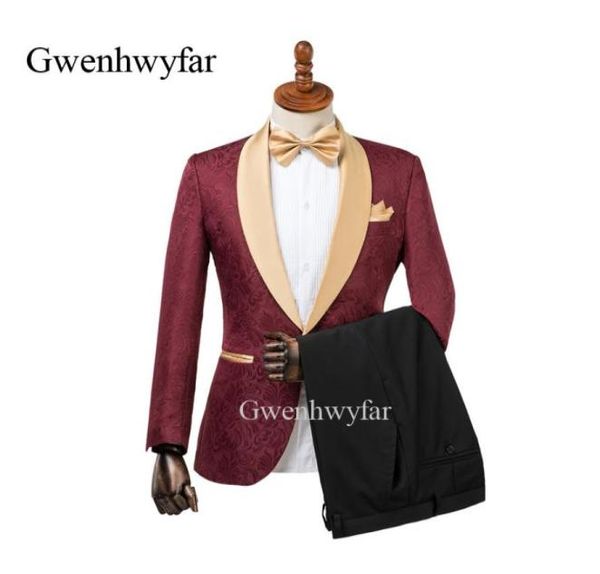 2018 Groomdos Groom Groomsmen One Botton Burgundy Flow Gold Scialchine Gold Assicatore di sposo formale da uomo Formale Smoking Lo smoking Wexedos W1053776