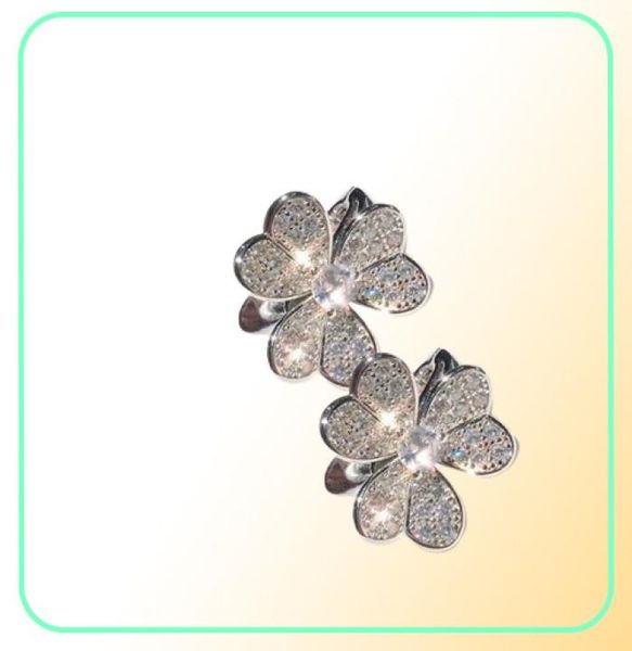 Marke Pure 925 Sterling Silber Ohrringe 3 Blattklee Blume Volldiamant Bolde Weiß Gold 9252037389