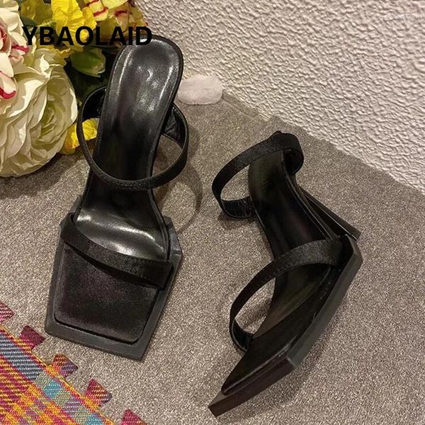 Slippers Open Square Toe Fin Heel High Women Summer Summer Party Shoes Banda estreita de cetim preto