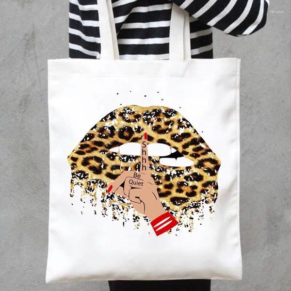 Borse per la spesa stampa di moda Shopper borsetti spalla tela lepard labbro carino adorabili ragazze casual femmini