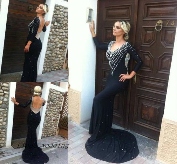 2019 Low Back Prom Kleid mit langen Ärmeln gute schwarze Farbe Chiffon bodenlange formelle Abendkleid2895690