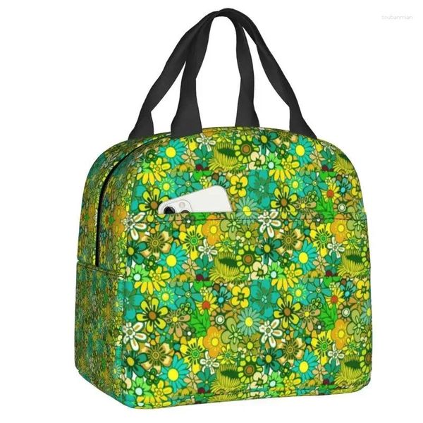 Borse di stoccaggio Retro Green Hippie Flower Pranzo isolato per donne Bento Box School portatile Cooler termico