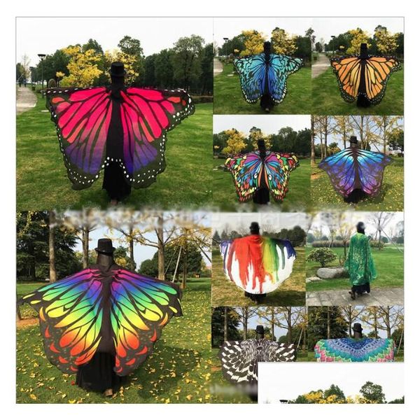 Lenços mulheres novas colorf Butterfly Wing Cape Chiffon Long Festy Party Party elegante pavão de pavão de xale embrulhada em toalha de praia Saronk er gota del dhiub