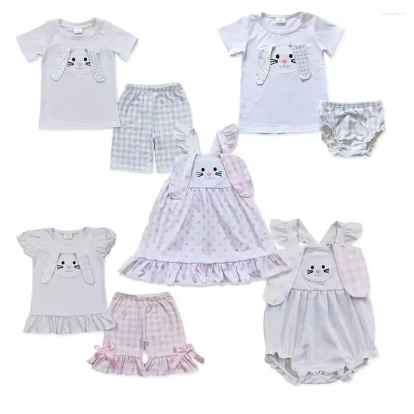 Kleidungssets BSSO0090 Jungen bestickte weiße kurze Ärmel Blau Plaidanzug Ostern Baby Mädchen Kleidung Jungen