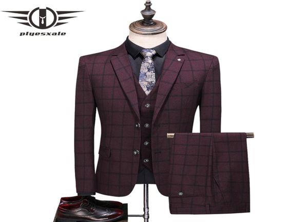 MEN039S Костюма Blazers Plyesxale Grey Burgundy Navy Blue Plaid Suit Men 2021 Весенняя осень свадьба для жениха Mens Fashion Casu7206893