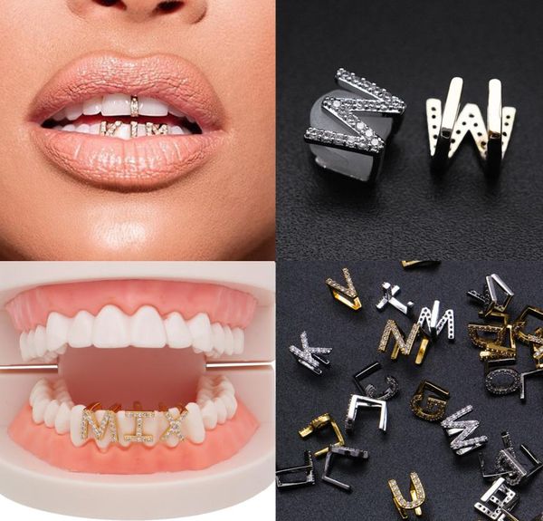 Ouro de ouro branco gelado az letra personalizada Grillz dentes de diamante completo Diy Fang Grills Bottom Cap Hip Hop Dental Denteeth8419667