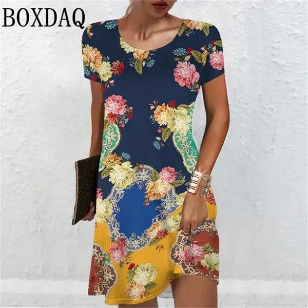 Vestidos de festa Vintage Floral Print Mini Dress Style Ethnic Style 3D Padrão geométrico Manga curta Casual solto Primavera Summer Summer Beach 2024