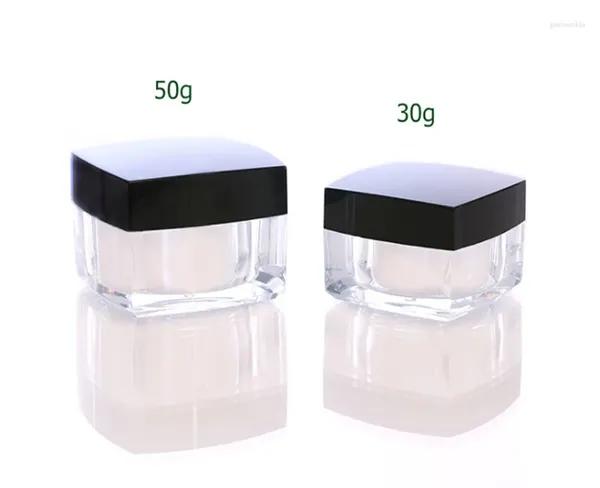 Speicherflaschen 50pcs/Los schnell 30g 50 g quadratische Acrylcreme Glas leere Verpackungsflasche mit schwarzem Deckel