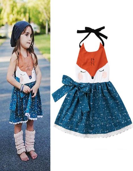 Baby Girls niedliche Fuchsweste Kleid Kinder Bogen Tier Tier gestickeltes Kleid Kinder Rückenless Tau Schulter -Haltender Kleid Kinder Clohthes A4334932432