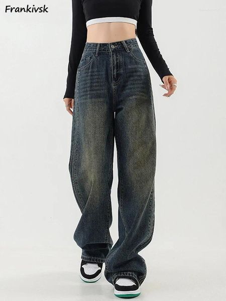 Jeans femininos Mulheres Contraste a cor solta All-Match Long Length Autumn American Retro High Street As calças jeans de perna larga diariamente
