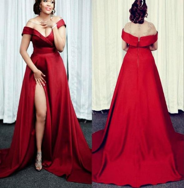 2023 Modern plus size size vermelho escuro V vestidos de baile de pescoço barato e alta fenda alta com mangas cetim Ruched Formal Pageant vestidos de vestido uniformes3271360