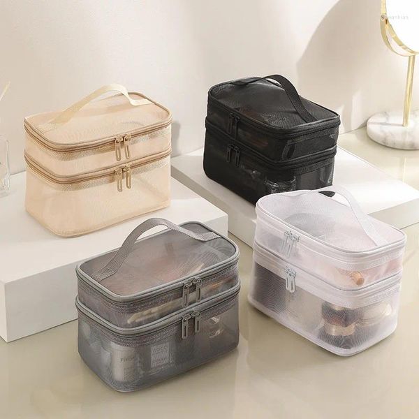 Bolsas de armazenamento Mesh transparente feminina de camada dupla Ideal para maquiagem de cosméticos e higiene pessoal de vendas de viagens de viagem Sucesso